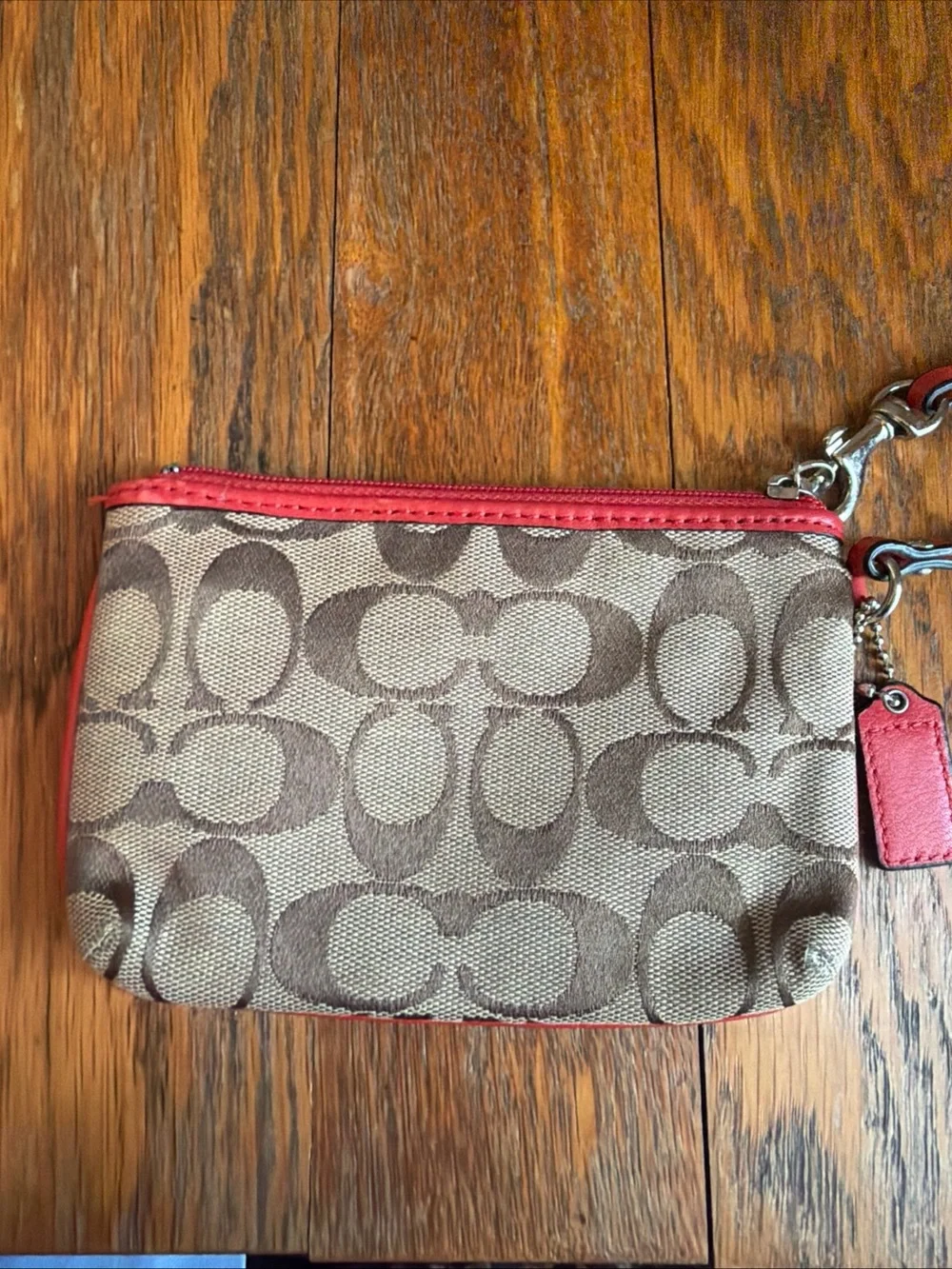 Coach Womens Small Corner Zip Wristlet Wallet Tan Signature Red Strap Coin